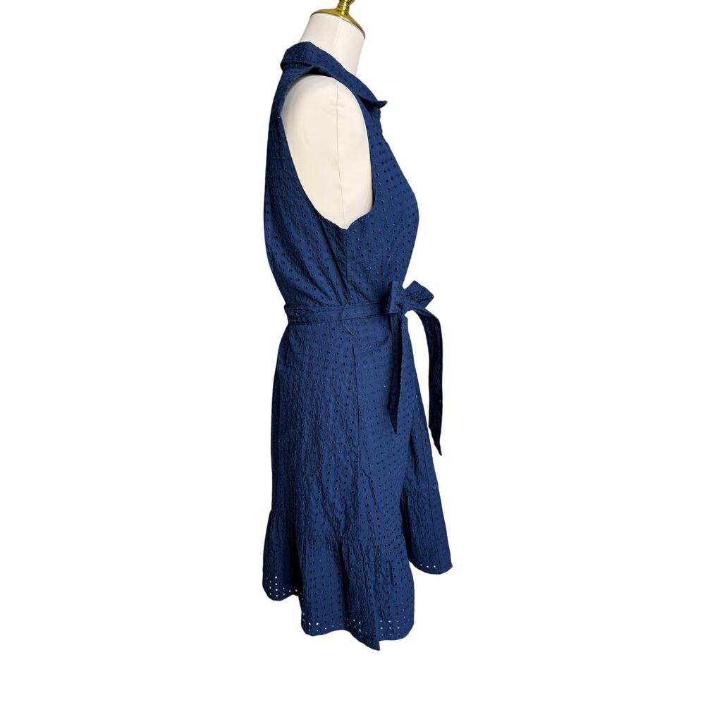 Lands' End Navy Eyelet Cotton Sleeveless Shirt Dress Belted Size 8 - Picture 4 of 10
